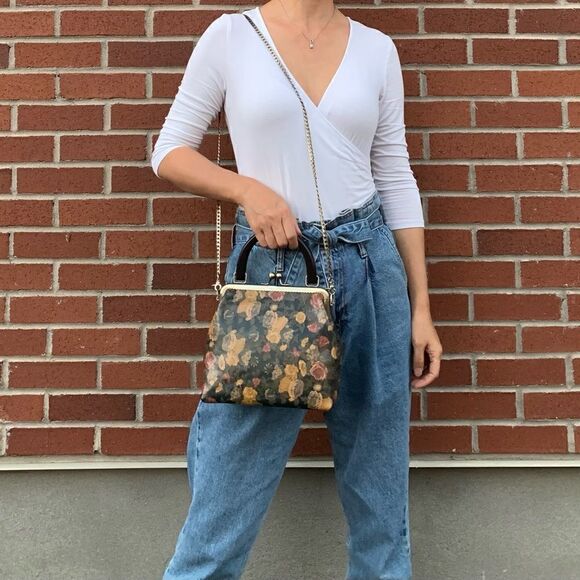 Handmade Genuine Leather Floral Print, Top Wood Handle Bag & Small Clutch Set - Picture 10 of 16